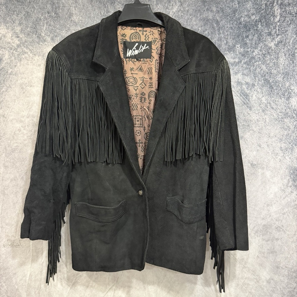 Vintage Winlit Western Fringe Suede Jacket Black Leather Biker Boho M Country